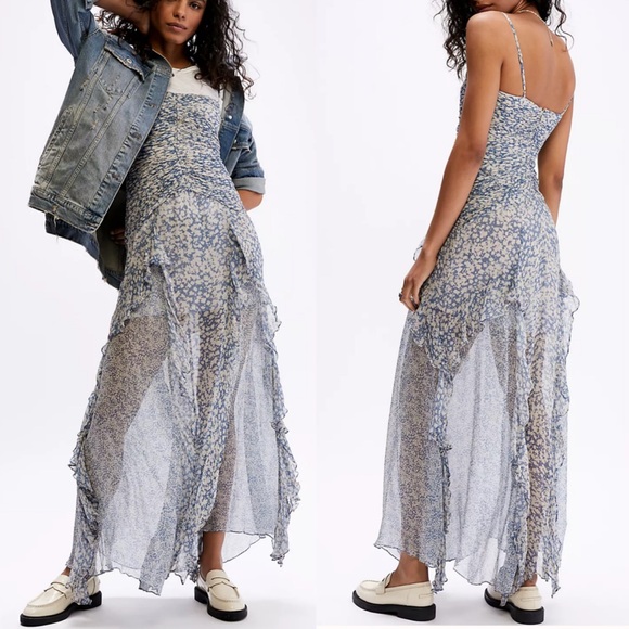 Shona Joy Free People Candice Ruched Frill Dress Maxi Preppy Boho Womens 8 - Picture 1 of 10
